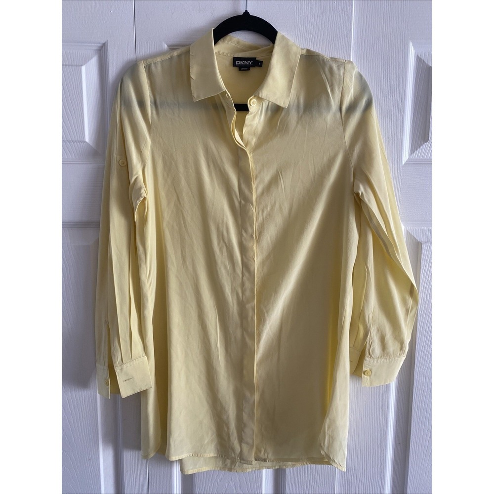 DKNY Silk Feel Tunic Blouse Womens Size M Yellow Roll Tab Sleeve Button Down